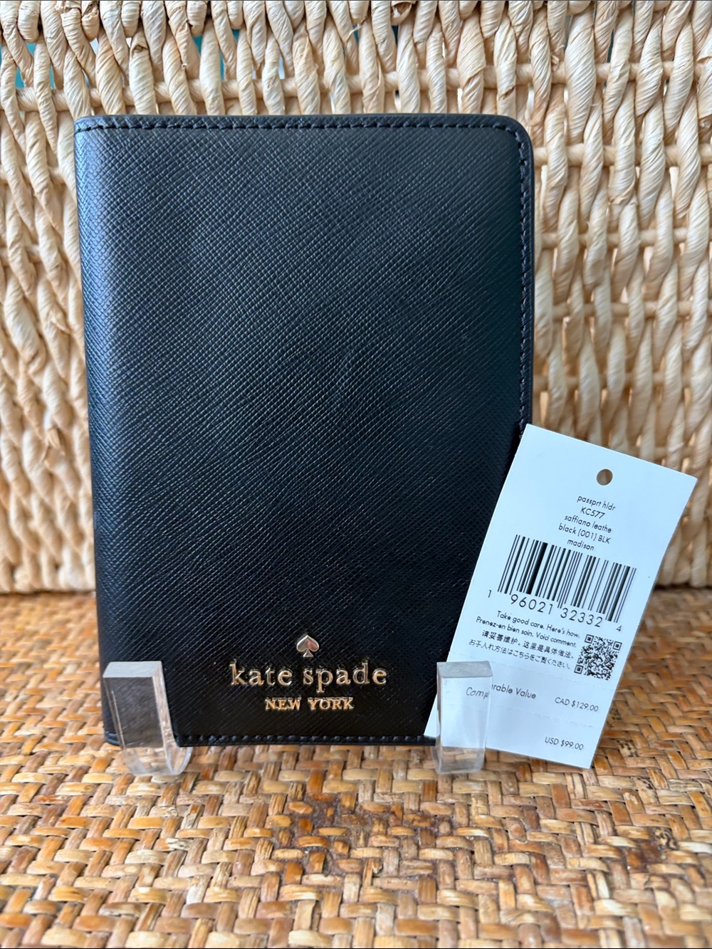NWT kate spade Black Leather Passport Holder with Gold Logo